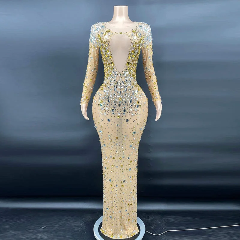 Snag the Best Prices Now!AD1175 Stage Costumes For Singers Crystal Sexy Outfit Nude Stretch Mesh Fabric Perspective Party Nightclub Prom Dresses