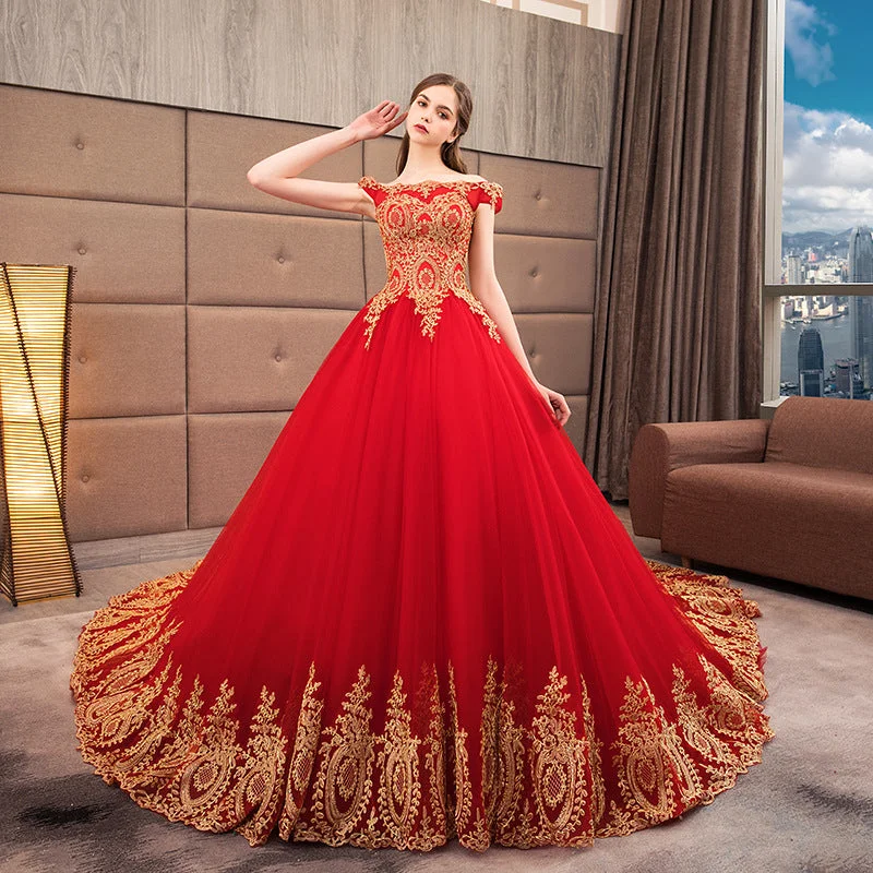 Snag the Best Prices Now!Appliqued Gold Lace Off Shoulder Ball gown wedding Evening pattern Red Muslim Asian European American Traditional dress