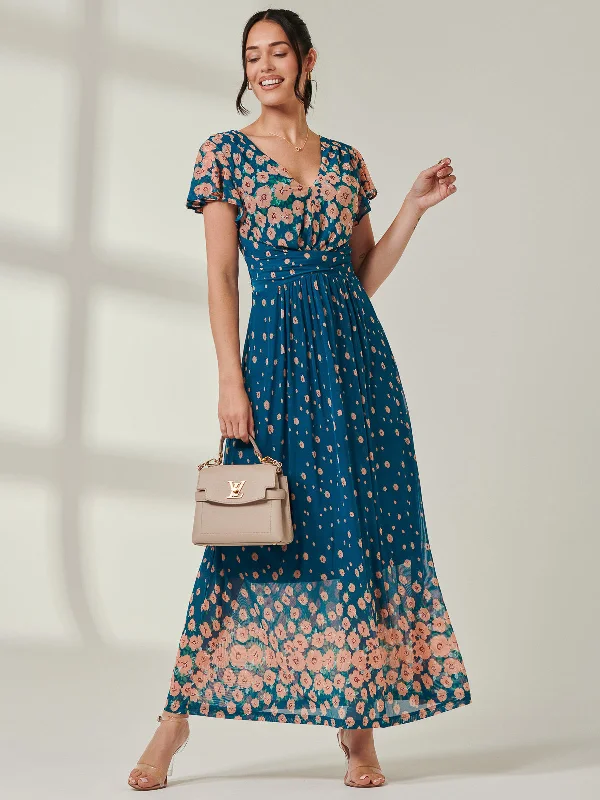 Stock Up and Save!Carlii Symmetrical Print Mesh Maxi Dress, Teal Floral