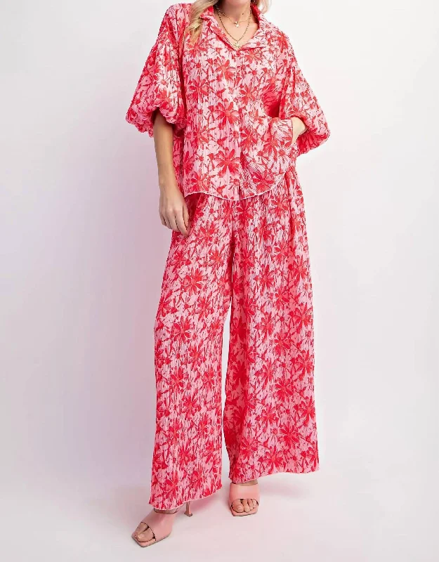 Save More Than Ever!Crinkled Wide Leg Pants In Hot Pink & Red