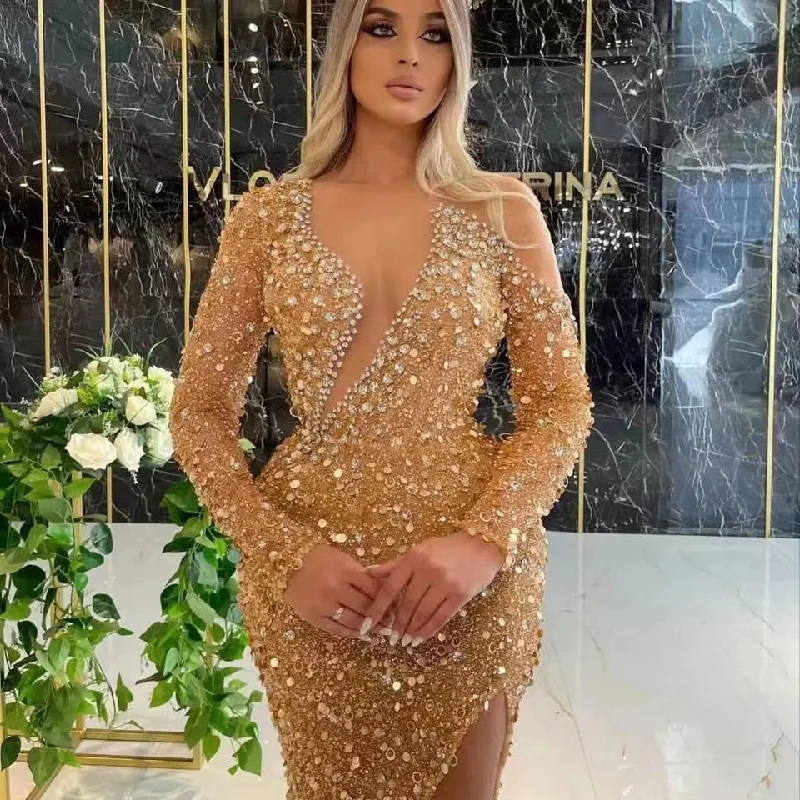 Act Fast – Limited Time Savings!ED2221 Kimshein Women Clothing Long Sleeve Mesh Hollow Out With Diamond Sequin Gold Dresses Women For Wedding Guest