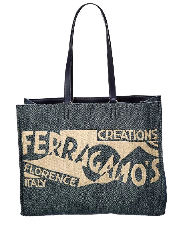 Your Best Deals Are Here!Ferragamo Logo Large Denim & Leather Tote