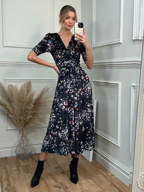 Upgrade for Less!Floral Print Velvet Maxi Dress, Black Butterfly