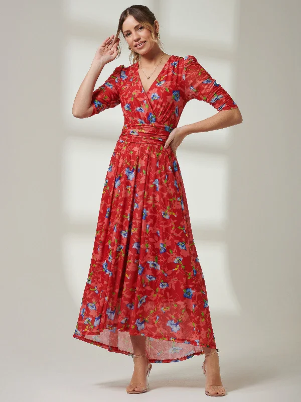 Amazing Prices You Can’t Resist!Gavina Ruched Sleeve Mesh Maxi Dress, Red Multi