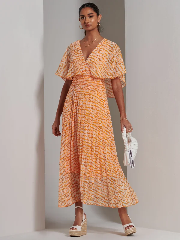 Stock Up and Save!Kyra Pleated Chiffon Maxi Dress, Orange Abstract