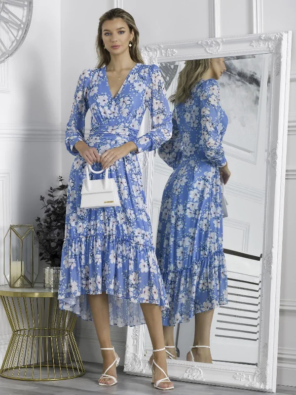 Limited Edition, Limited Price!Lilianna Mesh Long Sleeve Tiered Hem Dress, Blue Floral Limited Edition, Limited Price!Lilianna Mesh Long Sleeve Tiered Hem Dress, Blue Floral