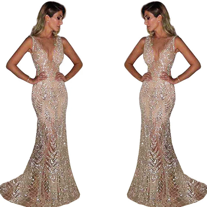 Your Chance to Save is Now!Luxurious Sparkling Prom Dress V Neck Perspective Sequins Mermaid Evening Dress Party Dress  Performance Clothing