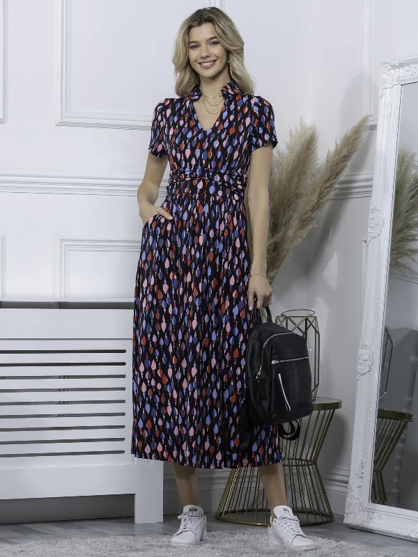 Shop Now and Save!Marbouka Stand Neck Dress, Navy Multi