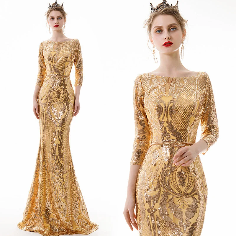 Huge Price Cuts Await!Mid Sleeve Gold Mermaid Sequin Women Evening Dress o neck party formal Long night dresses drop shipping fulfill Huge Price Cuts Await!Mid Sleeve Gold Mermaid Sequin Women Evening Dress o neck party formal Long night dresses drop shipping fulfill