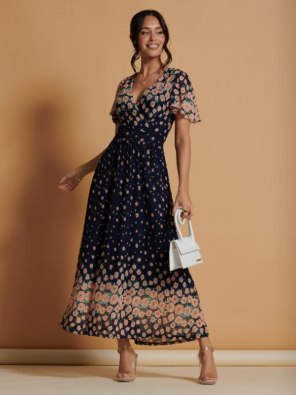 Save Money, Shop Happy!Mirrored Mesh Angel Sleeve Maxi Dress, Navy Floral