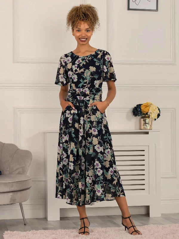 Your Chance to Save is Now!Nadine Floral Print Chiffon Dress, Navy