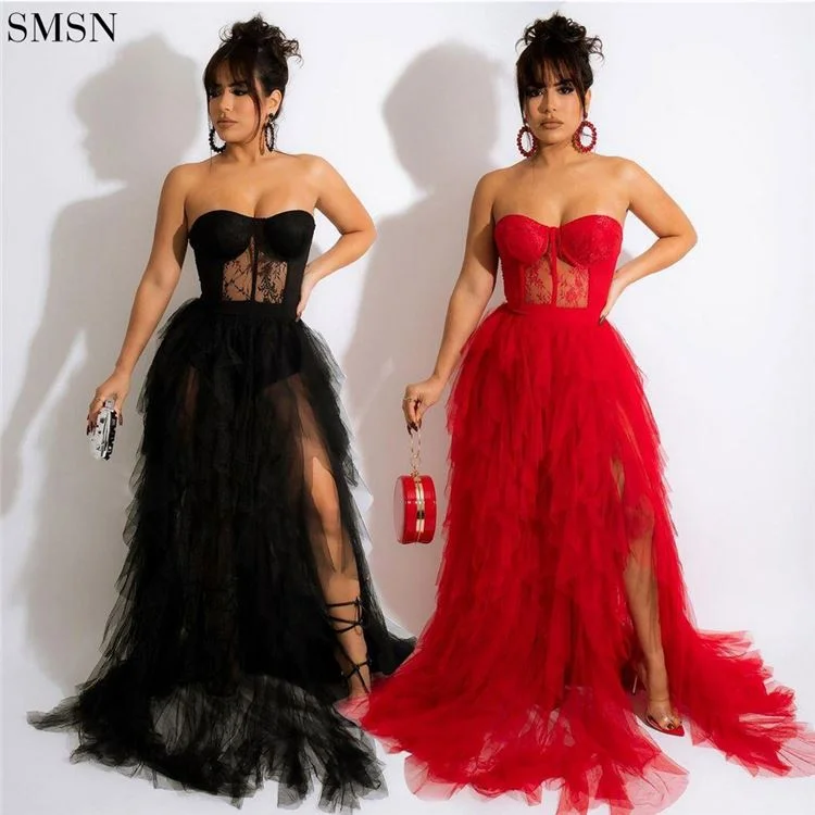 Price Drops You’ll Love!New Trendy See-Through Gauze Lace Breast - Wrapped Dress Womenevening Party Long Dresses