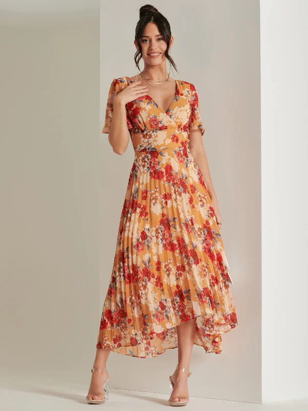 Only a Few Left – Order Now!Pleated Chiffon High Low Maxi Dress, Red Floral