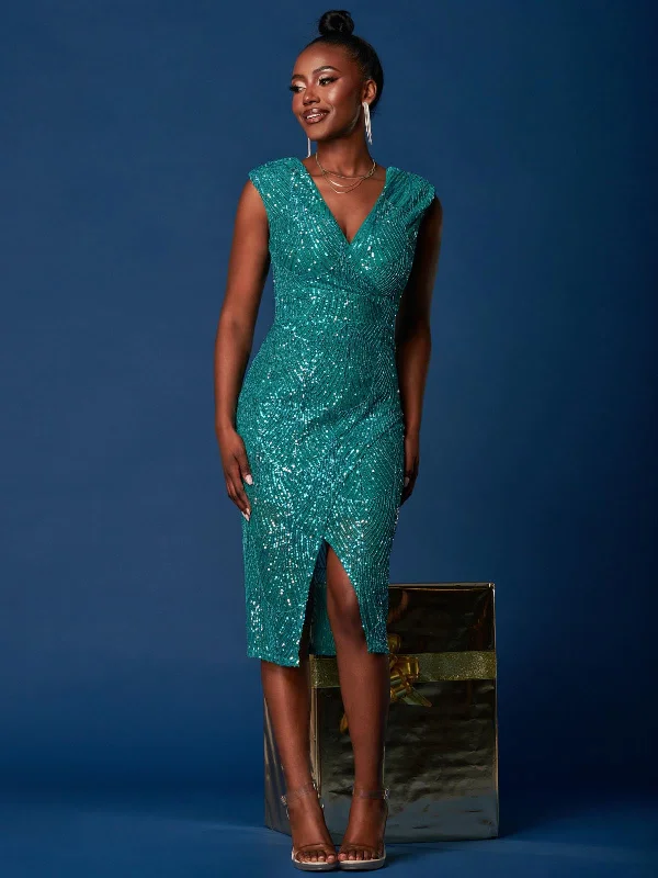 Unbeatable Prices!Sequin Wrap Slit Pencil Dress, Teal Multi