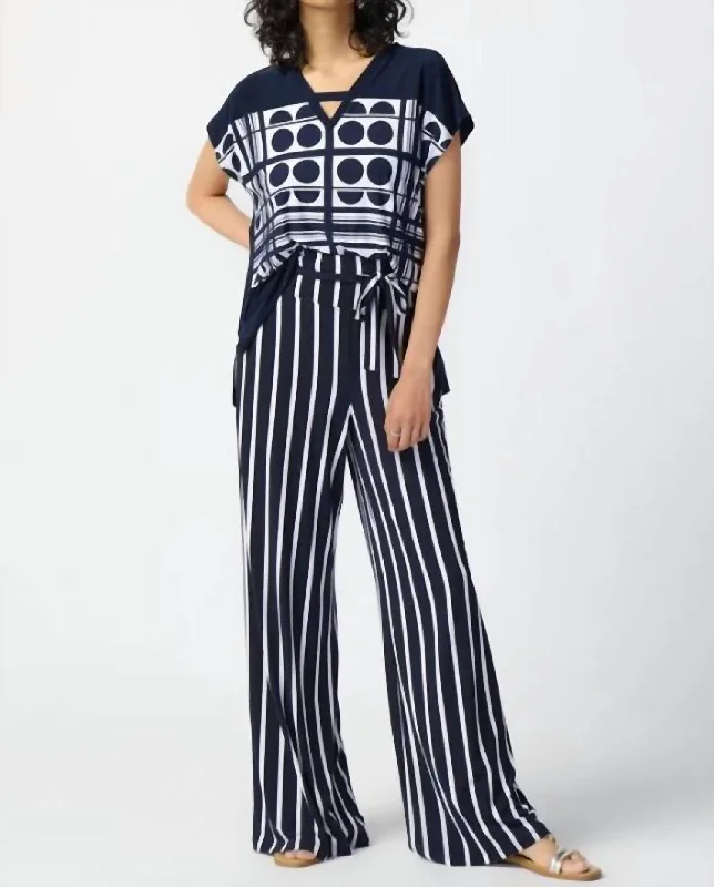 The Best Deals Won’t Wait!Striped Silky Knit Wide-Leg Pants In Midnight Blue/vanilla