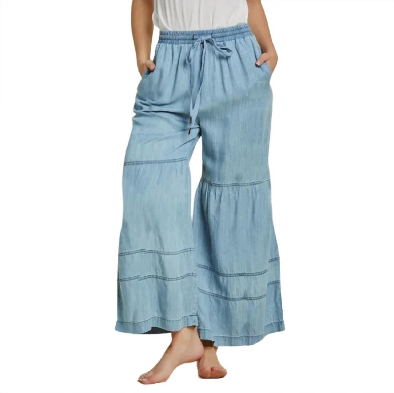 Stock Up and Save!Tiered Wide Leg Pants In Washed Denim