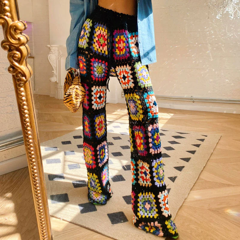 One Click Away from Big Savings!Vintage High Waist Wide Leg Granny Square Crochet Hand Knit Pants