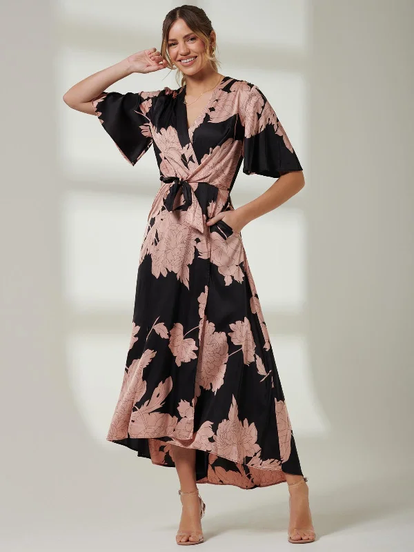 Shop Smart, Save Big!Willow Satin Wrap Tie Waist Dress, Black Pink Floral