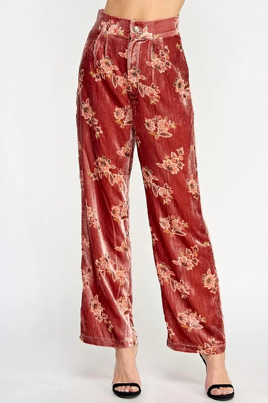 Hurry, Sale Ends Soon!Women's Floral Velvet Trousers In Red