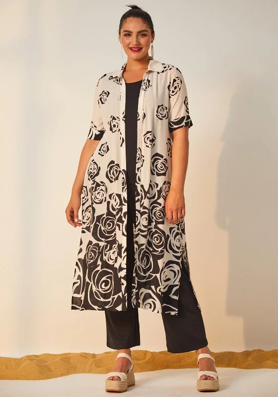 Shop Smart, Save Big!Ora Rose Print Long Kimono, Cream & Black