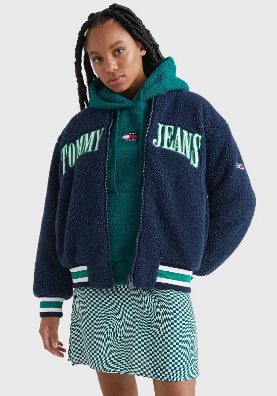 Grab Yours Before It’s Too Late!Tommy Jeans Sherpa Letterman Jacket, Navy