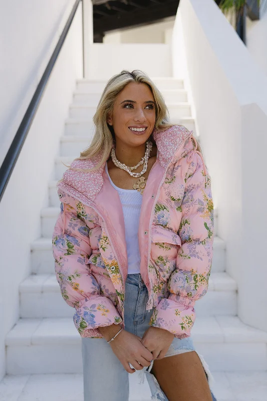Exclusive Deals Just for You!Fancy Florals Puffer Jacket - Pink