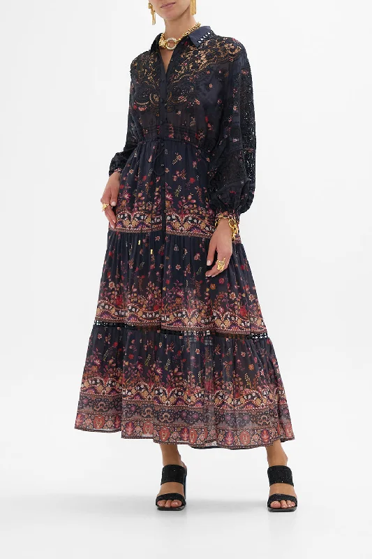 Your Shopping Wish, Our Discount Command!EMBROIDERED TIERED LONG SHIRT DRESS LOOM TO TOMB