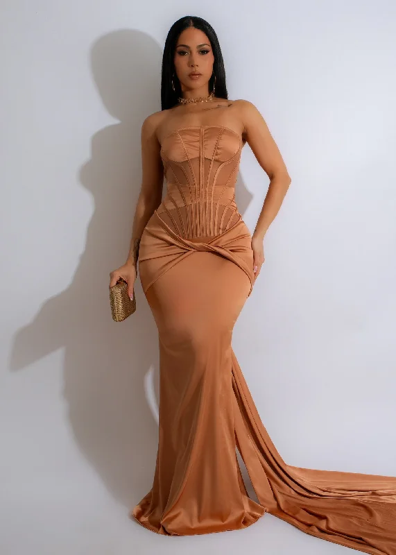 Your Chance to Save is Now!After Hours Satin  Maxi Dress Brown