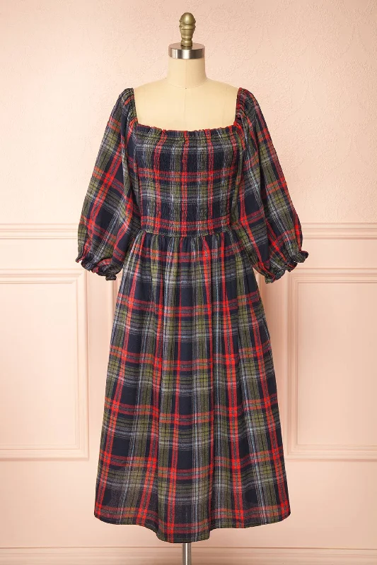 Your Exclusive Offer Awaits!Arellia Navy | Plaid Flannel Midi Dress