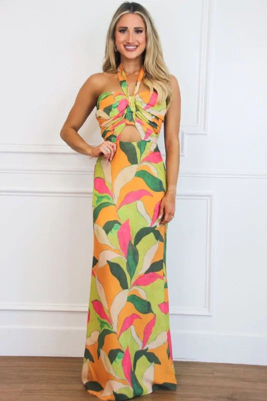Snag the Best Prices Now!Aura Halter Floral Maxi Dress: Orange/Lime Multi