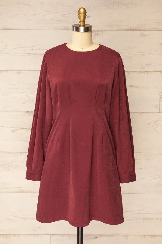Amazing Prices You Can’t Resist!Bohrin Burgundy | Long-Sleeved Short Dress