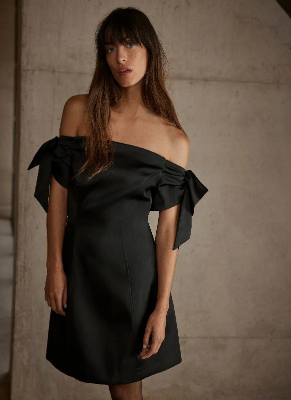 Hurry, Sale Ends Soon!Black Bow Sleeve Satin Mini Dress