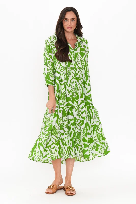 Limited Stock Available!Charli Green Leaf Cotton Collared Dress