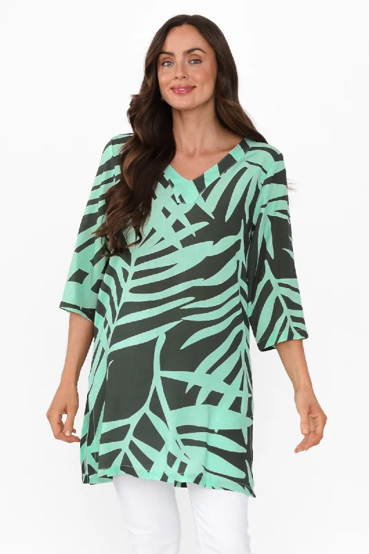 Your Shopping Spree Starts Here!Enzo Aqua Leaf V Neck Tunic