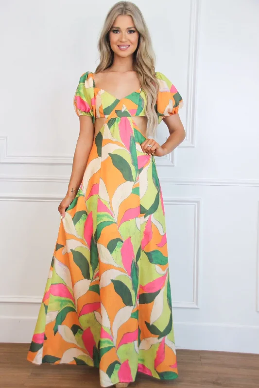 Flash Deals – Act Quickly!Eyes on Paradise Cutout Floral Maxi Dress: Orange/Lime Multi