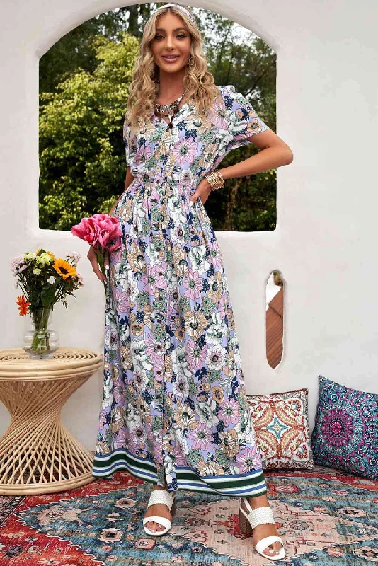 Shop Early, Save Big!Floral Buttoned  Short Sleeve Maxi Dress