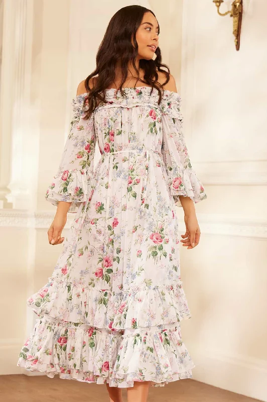 Instant Savings Await!Floral Fantasy Chiffon Off-Shoulder Ankle Gown