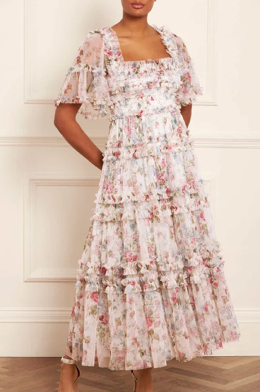 Save Up to 50% Off!Floral Fantasy Peaches Smocked Ankle Gown