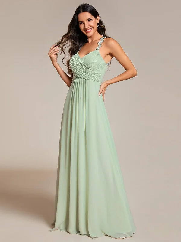 Shop More, Spend Less!Floral Halter Neck Pleated Backless Bridesmaid Dress in Chiffon Shop More, Spend Less!Floral Halter Neck Pleated Backless Bridesmaid Dress in Chiffon
