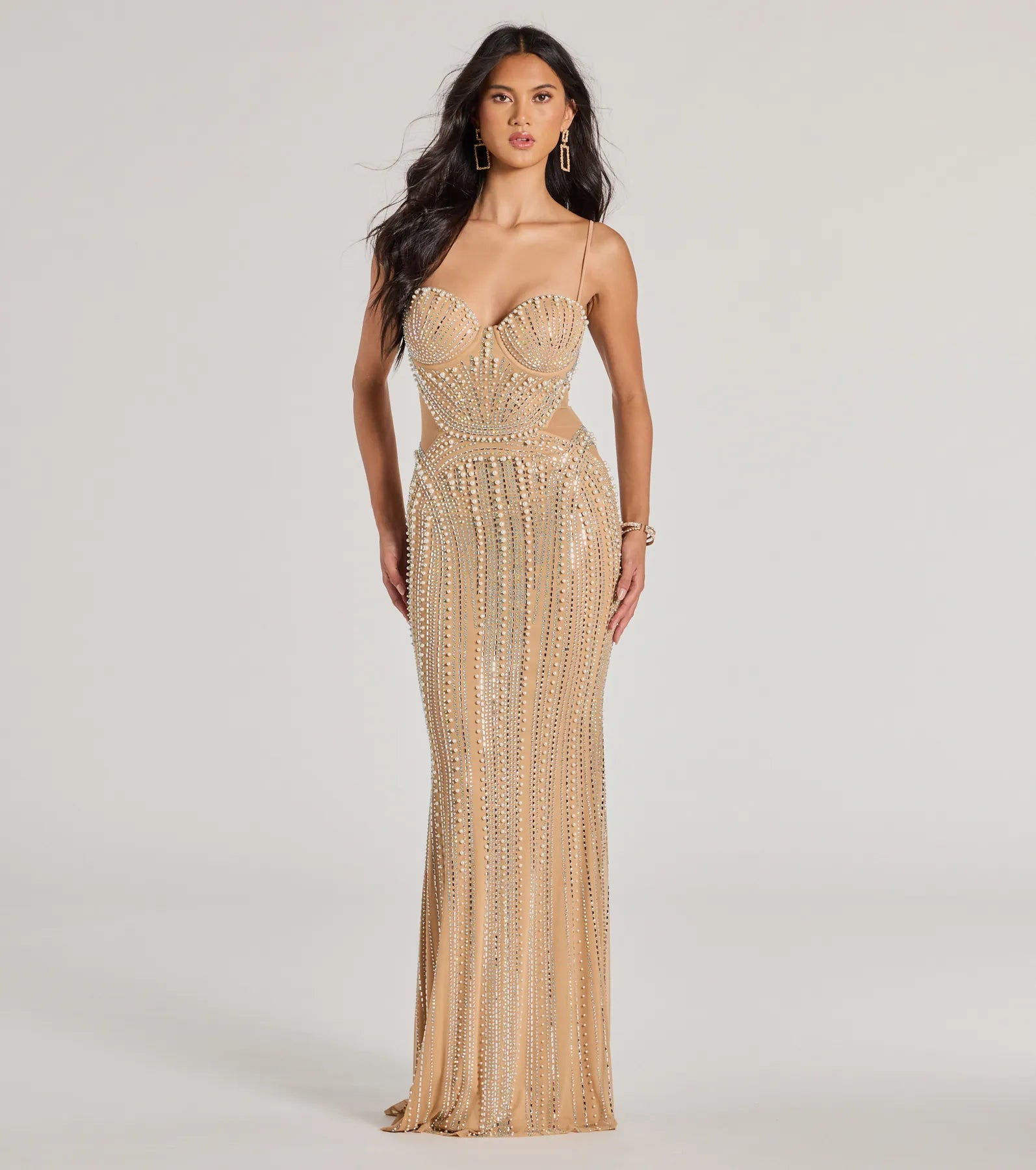 Save Up to 50% Off!Gianna Rhinestone Pearl Sheer Mesh Formal Dress