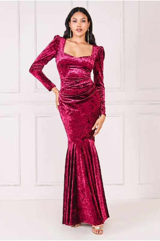 Save More Than Ever!Goddiva Flared Hem Ice Velvet Maxi - Burgundy
