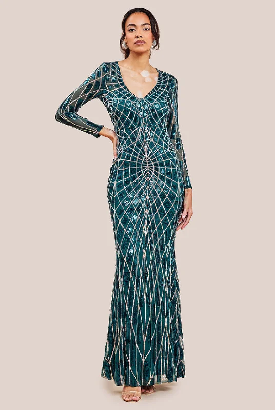 Stock Up and Save!Goddiva Geo Sequin Long Sleeve Maxi Dress - Emerald