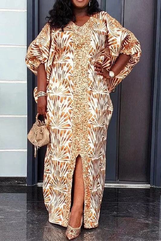 Your Shopping Spree Starts Here!Graphic Print Laid Back Sequined Patchwork Maxi Dress Your Shopping Spree Starts Here!Graphic Print Laid Back Sequined Patchwork Maxi Dress