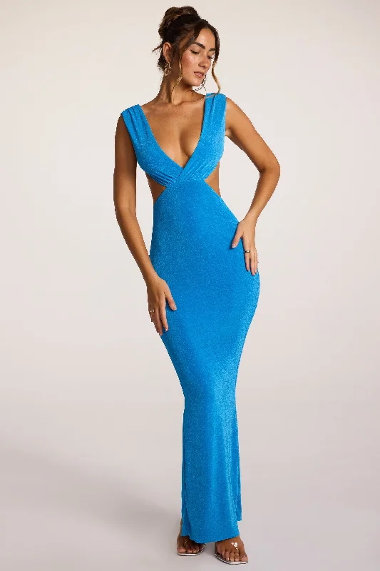 The Sale You’ve Been Waiting For!Textured Jersey Plunge Neck Maxi Dress in Cobalt Blue