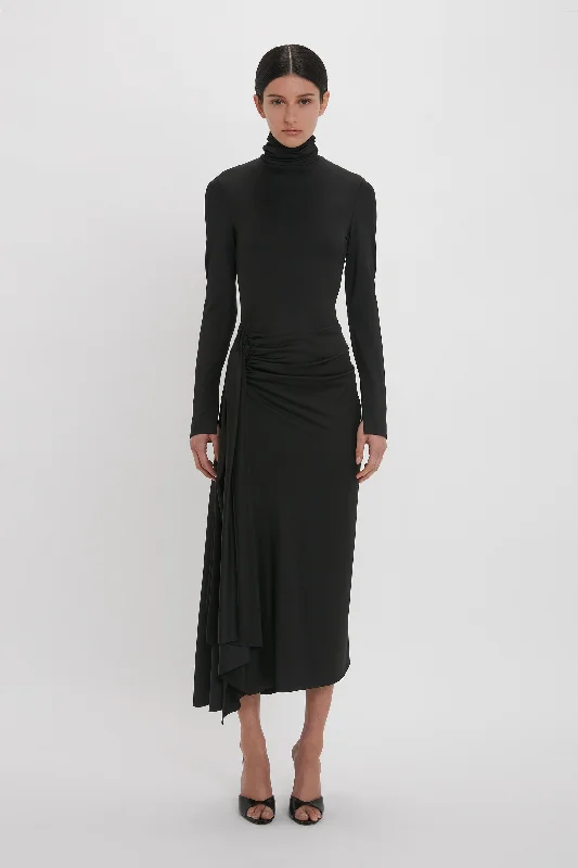 Your Wallet Will Thank You!High Neck Asymmetric Draped Dress In Black