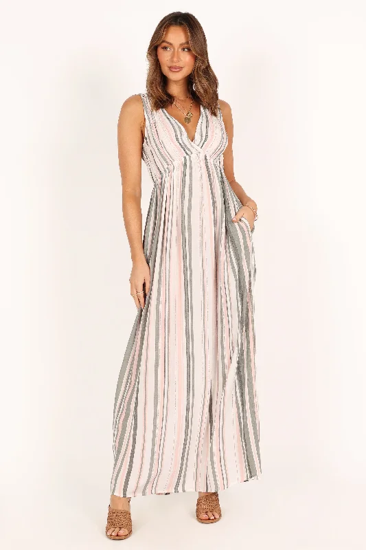 Limited Time Offer!Judd V Neck Maxi Dress - Olive Stripe