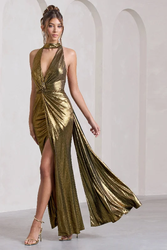 Get the Best for Less!Lost | Gold Metallic Halter-Neck Cut-Out Split Maxi Dress With Drape Get the Best for Less!Lost | Gold Metallic Halter-Neck Cut-Out Split Maxi Dress With Drape