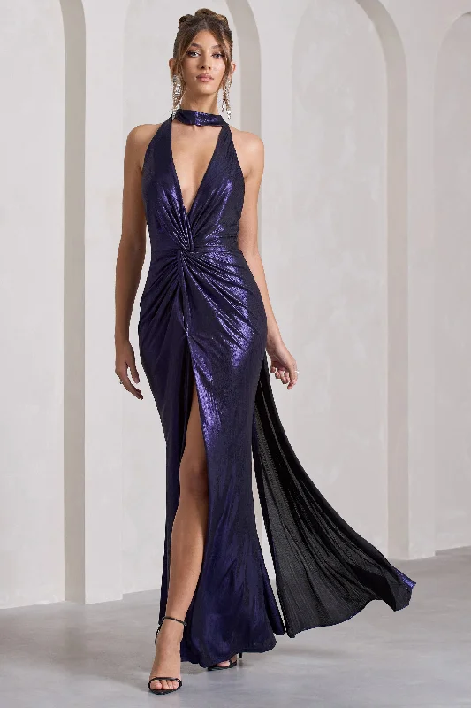 Unbeatable Prices!Lost | Purple Metallic Halter-Neck Cut-Out Split Maxi Dress With Drape