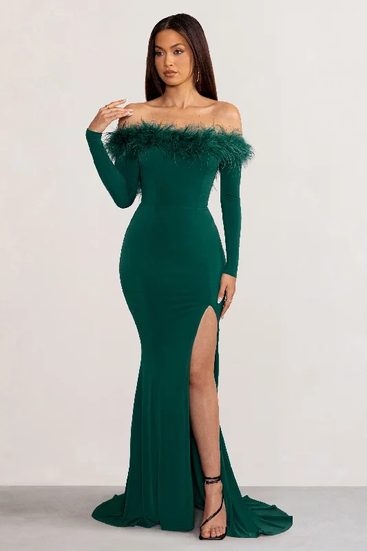 Get More for Less!Lucilu | Bottle Green Feather Bardot Long Sleeve Maxi Dress with Side Split