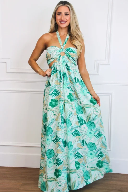 Time to Save Big!On Vacay Time Halter Cutout Floral Maxi Dress: Light Blue/Green